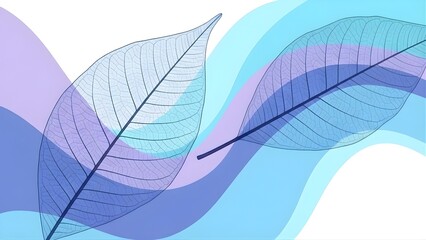 Abstract composition of delicate leaf skeletons set against pastel wavy backgrounds