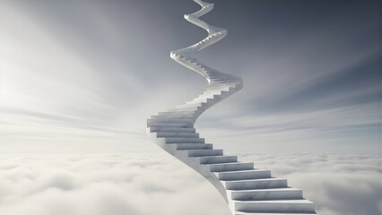 A surreal staircase ascends into a cloudy, dreamlike sky, representing ambition and the pursuit of goals