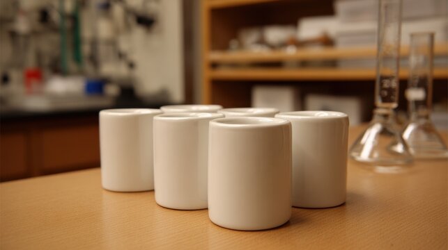 A set of white ceramic cups is arranged neatly on a wooden table in a laboratory. The background features laboratory equipment providing a scientific atmosphere.
