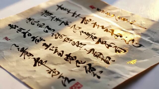 Ancient Calligraphy: Close-up of Handwritten Chinese Text, Sunlight, Texture.