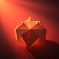 This image showcases a unique, faceted geometric object, resembling a folded paper sculpture or an abstract gem, placed on a surface against a warm orange-red background. A strong, directional light s