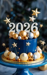 Fototapeta premium Emotional New Year cake scene with rich textures and decorative contrast — editorial atmosphere for festive branding, culinary illustration, and celebratory identity.