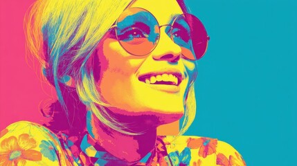 A cheerful young woman is enjoying a bright day wearing stylish round sunglasses and a floral patterned top. Her joyful expression reflects happiness in a lively atmosphere.
