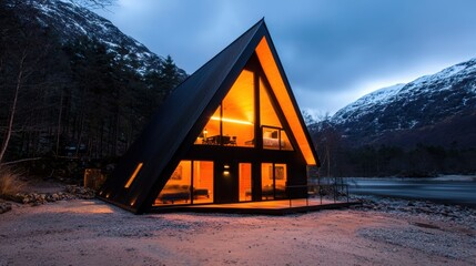 A modern cabin with a triangular roof and warm lighting sits on a rocky shore, overlooking a calm river and snow-capped mountains.