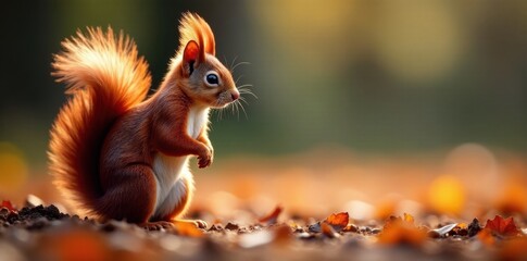 Alert red squirrel standing upright on hind legs, bushy tail raised , adorable, nature photography