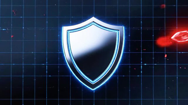 Aurora-blue shield glows amid red sparks, digitally grid background, symbolizing cyber protection!!