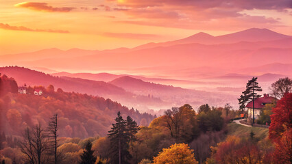 Mountain valley landscape at sunrise with fog