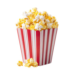 Red and white striped bucket overflowing with buttered popcorn, some spilled