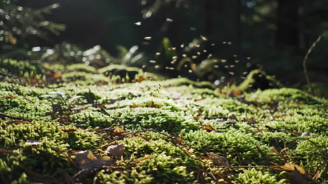 Insects fly above lush moss in sunlit forest floor, suitable for nature, environment