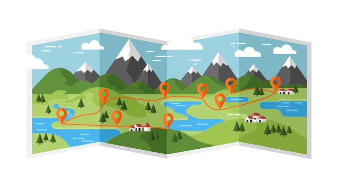 Folded map illustration showing a scenic route through mountains, lakes, and villages, marked with orange location pins.