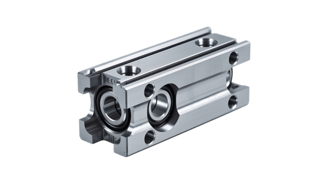 Precision Machined Aluminum Linear Bearing Block mechanical component isolated on a transparent background
