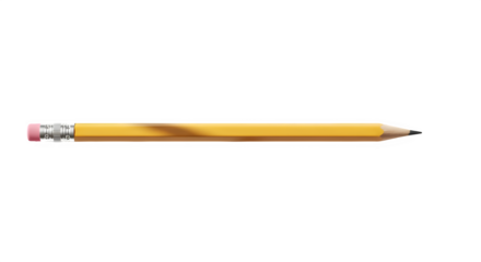 A classic yellow wooden pencil with a pink eraser on the end, sharpened and ready for writing or drawing, isolated on transparent background