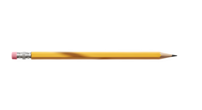 A classic yellow wooden pencil with a pink eraser on the end, sharpened and ready for writing or drawing, isolated on transparent background