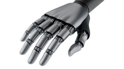 Robotic Hand with Metallic Fingers and Joints artificial isolated on a transparent background
