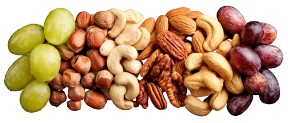Variety of fruits and nuts arranged in a colorful gradient