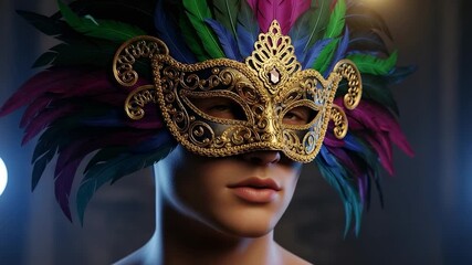 Mysterious masked figure at Venetian carnival ball, vibrant feather headdress hinting at intrigue and romantic celebration