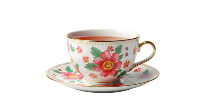 Elegant vintage porcelain teacup and saucer set featuring a delicate pink and green floral pattern, filled with amber tea, isolated on transparent background