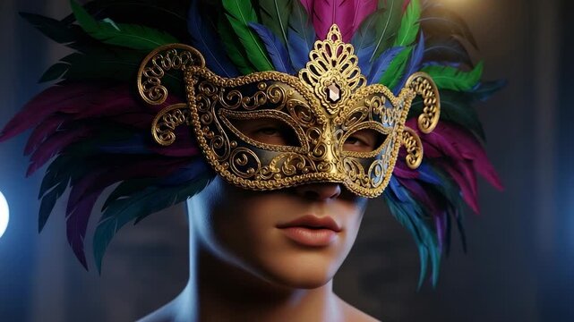 Mysterious masked figure at Venetian carnival ball, vibrant feather headdress hinting at intrigue and romantic celebration - Powered by Adobe