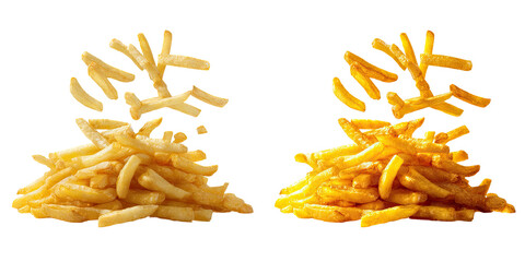 Two piles of golden french fries, one lighter than the other