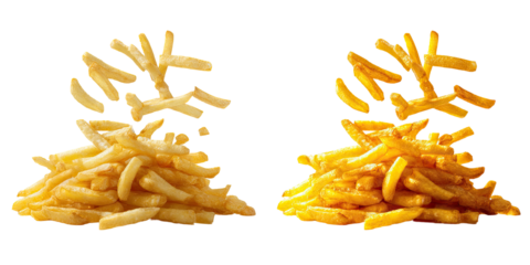 Two piles of golden french fries, one lighter than the other