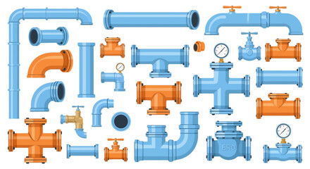 Naklejka premium Illustration of various blue and orange pipes and fittings, including elbows, tees, valves, and straight sections, arranged on a white background.