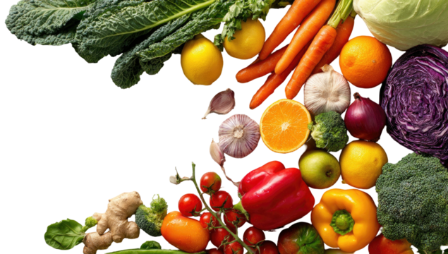 Fresh, vibrant collection of assorted raw fruits and vegetables