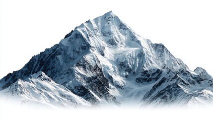 Majestic snow-covered mountain peak against a bright white sky background