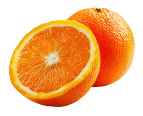 Vibrant whole and halved orange with bright citrus pulp