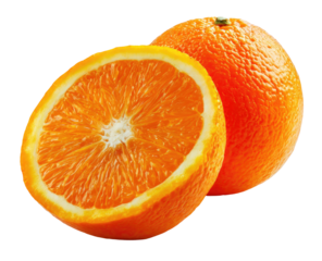 Vibrant whole and halved orange with bright citrus pulp