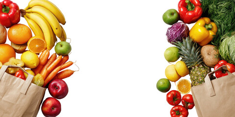Colorful bounty of fresh fruits and vegetables spilling from grocery bags