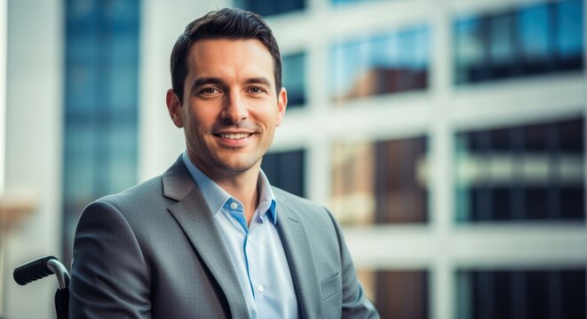 Smiling Businessman in Wheelchair Portrait Outdoors, Corporate Diversity and Inclusion Concept