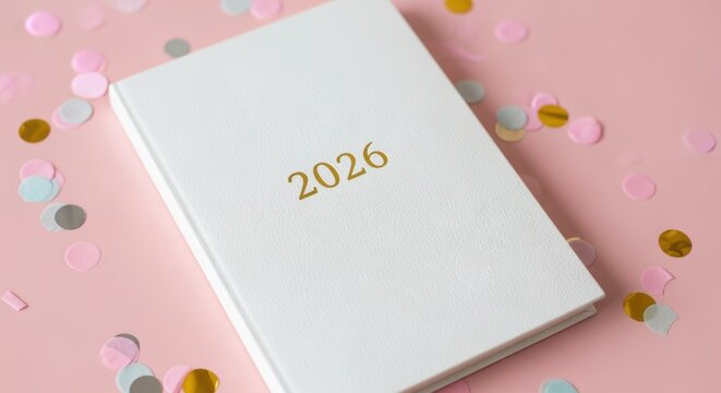 2026 Year Planner and Calendar Template, Minimalist Design Surrounded by Pastel Confetti on Pink Background