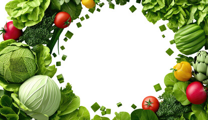 Fresh vegetables arranged in a circular frame on a black background
