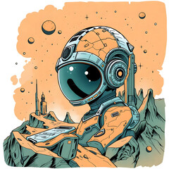 This image is a stylized, comic-book-style illustration of an astronaut in a helmet, smiling and looking upwards. The astronaut's suit is orange and teal, with a reflective visor showing a distant cit