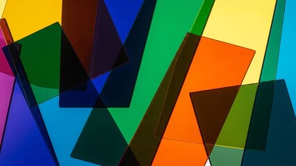カラフルな透明板が重なり合う抽象的な背景、光と影が織りなすモダンなデザイン。鮮やかな色彩が幾何学模様を描く。