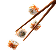 Chopsticks lifting a serving of sushi rolls with roe