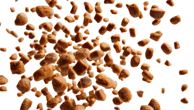 Small, irregular brown kibble pieces scattered against a black background