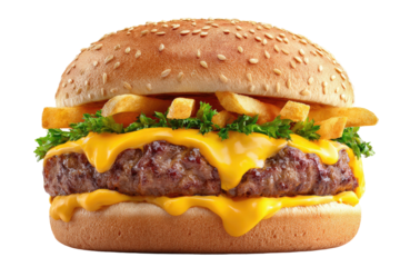 Juicy cheeseburger with fries, lettuce, and sesame seed bun