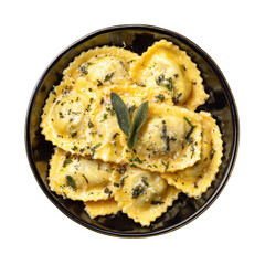 Golden ravioli in a dark bowl, drizzled with oil and herbs