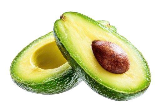 Fresh avocado cut in half, revealing creamy green flesh and brown pit