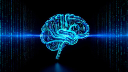 Glowing blue digital brain with binary code background