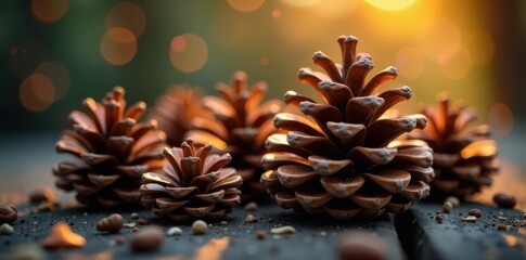Close-up pine cones, glowing bokeh Festive, warm , illustration, scene, winter background