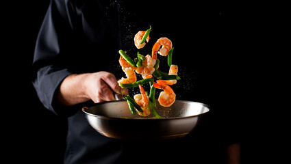 Chef tossing shrimp and vegetables in a wok with a dark background