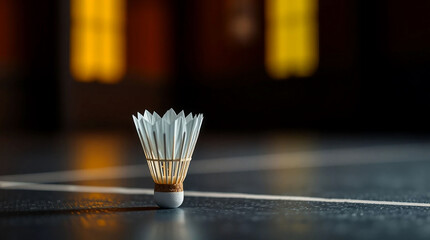 Single badminton shuttlecock resting on court line with blurred background