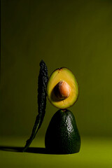 Still life composition of a whole avocado cut in half with a banana peel