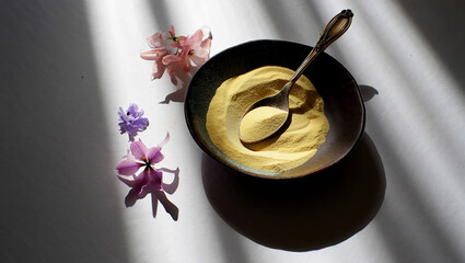 Creamy yellow food in a bowl with spoon and flowers