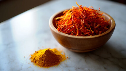Bowl of vibrant saffron threads and pile of turmeric powder on a textured surface