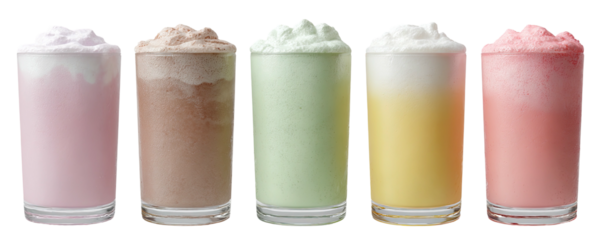 Five colorful, creamy milkshakes in clear glasses, topped with foam