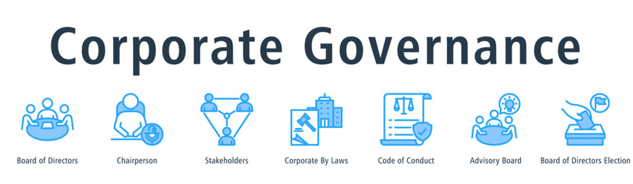 Corporate governance web banner icon vector illustration concept with icon of board of directors, chairperson, stakeholders, corporate by laws, code of conduct, advisory board, and election.