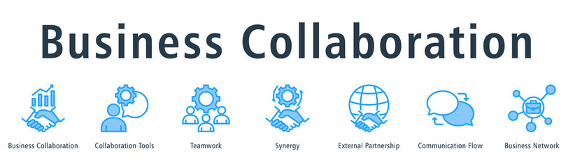Business collaboration web banner icon vector illustration concept with icon of business collaboration, collaboration tools, teamwork, synergy, external partnership, and communication flow.